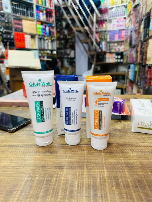 Gluta White Complete 3-in-1 Skin Brightening System – Includes Vitamin C & Glycolic Acid Face Wash, SPF 60++ Sunblock, and Advanced Night Cream for Radiance & Anti-Aging