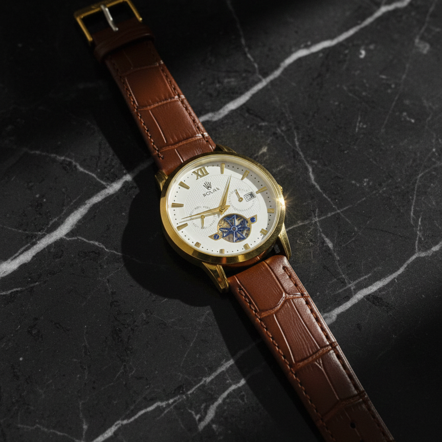 Luxury Men's Skeleton Watch - Gold Tone Case with Open-Heart Movement & Embossed Leather Strap - Classic Business Analog Wristwatch (1 Pc)