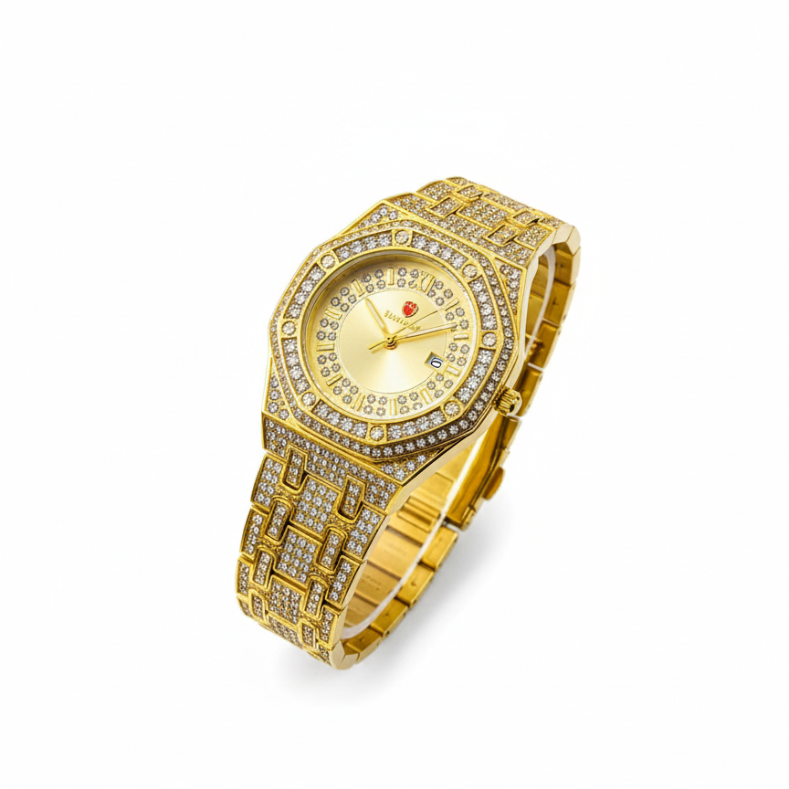 Luxury Gold Diamond-Studded Wrist Watch – Premium Designer Style Quartz Watch for Men (Without Box)