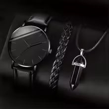 3PCS/Set Men Business Watches Casual Leather Band Analog Male's Quartz Watch Necklace Bracelet Set