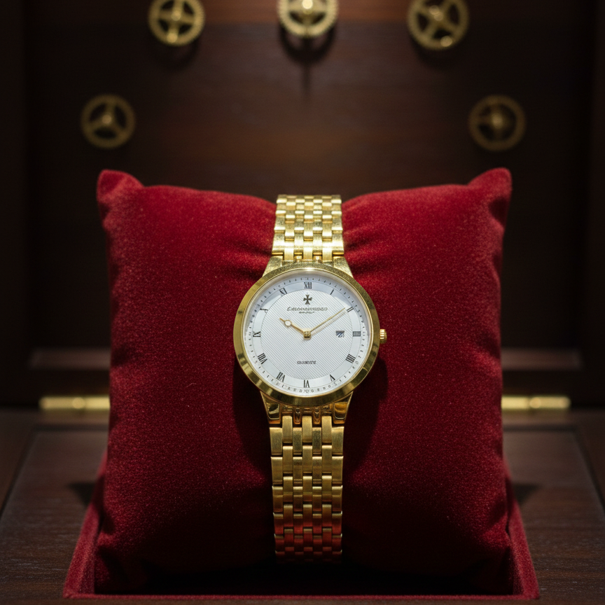 Classic Gold-Plated Men's Quartz Watch - Luxury Inspired Vacheron & Longines Style Dress Watches with Date Display & Link Bracelet (Without Box)