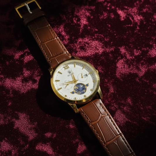 Luxury Men's Skeleton Watch - Gold Tone Case with Open-Heart Movement & Embossed Leather Strap - Classic Business Analog Wristwatch (1 Pc)