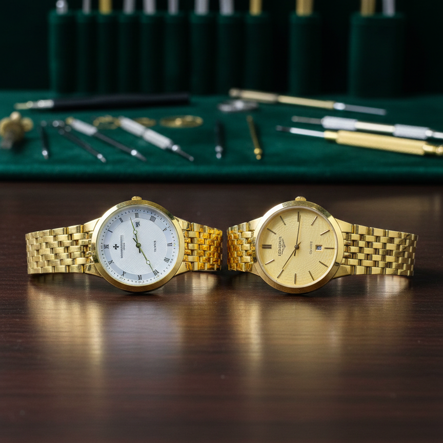 Classic Gold-Plated Men's Quartz Watch - Luxury Inspired Vacheron & Longines Style Dress Watches with Date Display & Link Bracelet (Without Box)
