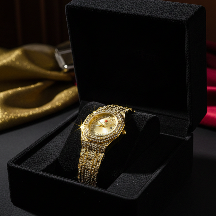 Luxury Gold Diamond-Studded Wrist Watch – Premium Designer Style Quartz Watch for Men (Without Box)