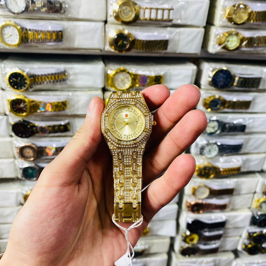 Luxury Gold Diamond-Studded Wrist Watch – Premium Designer Style Quartz Watch for Men (Without Box)